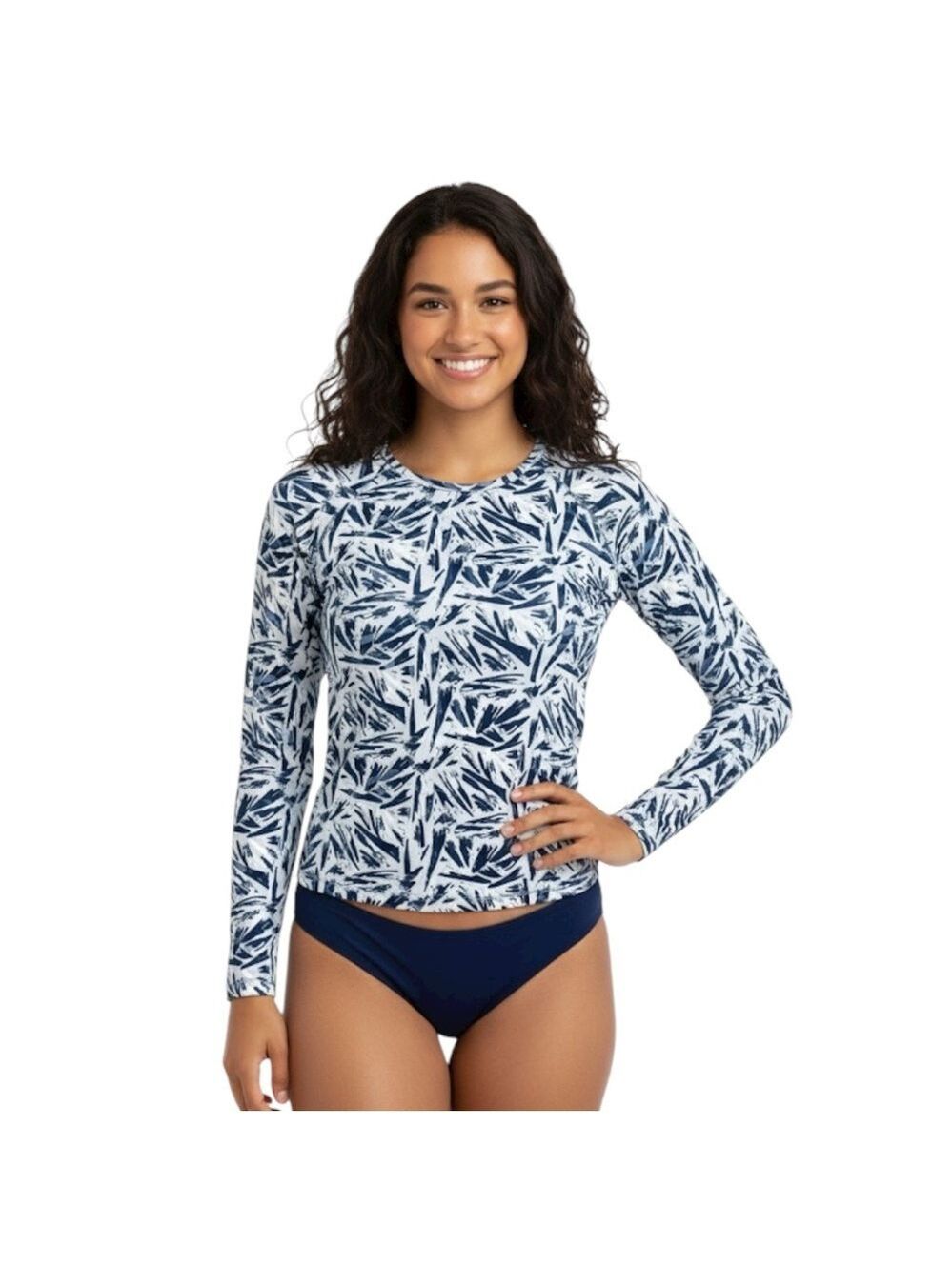 Hang Ten Size M Women’s Blue White Geometric Rash Guard Swim Top Rashguard